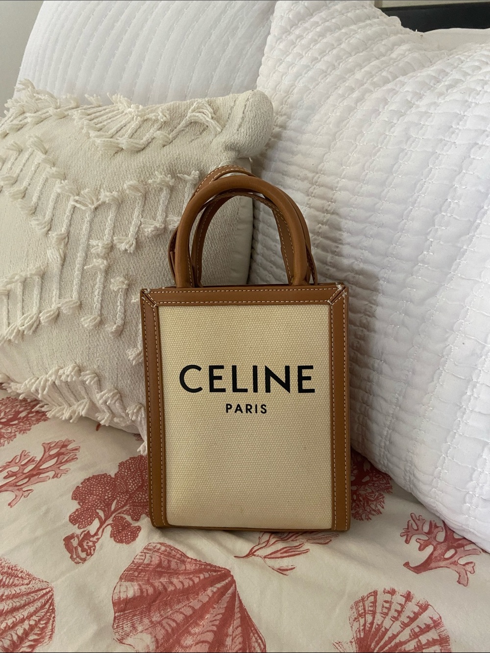 Cream Canvas with Tan Leather Trim Mini Tote
